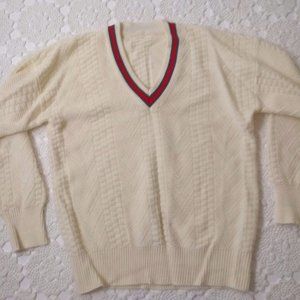 Vtg 80s 90s Large Ivory V Neck Preppy Tennis Pullover Sweater Red Blue Stripe